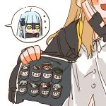  ... 6+girls :3 :d :o black_gloves black_jacket blue_hair blush_stickers brown_hair buttons chinese_commentary closed_eyes commentary_request fingerless_gloves g11_(girls&#039;_frontline) girls_frontline gloves green_eyes green_headwear headband highres hk416_(girls&#039;_frontline) in_pocket jacket light_blue_hair long_hair merchandise merchant mini_person minigirl motion_lines multiple_girls one_eye_closed open_clothes open_jacket open_mouth parted_lips price_tag red_headband shaded_face shirt simple_background smile spoken_character su_xiao_jei twintails ump9_(girls&#039;_frontline) white_background white_shirt yellow_eyes 