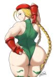  1girl adjusting_clothes ass back batako1812 blonde_hair blue_eyes bodypaint breasts cammy_white camouflage curvy facial_scar fingerless_gloves gloves green_leotard hat highres large_breasts leotard lips looking_back red_gloves red_headwear scar signature solo street_fighter thick_thighs thighs toned wedgie wide_hips 