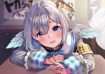  1girl amane_kanata angel_wings armband blue_hair bow curtains desk eyebrows_visible_through_hair halo hololive multicolored_hair open_mouth ryuinu sailor_collar short_hair silver_hair smile solo two-tone_hair upper_body violet_eyes virtual_youtuber wings 