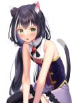  1girl animal_ear_fluff animal_ears bangs bare_arms bare_shoulders black_hair black_legwear blush breasts cat_ears cat_girl cat_tail eyebrows_visible_through_hair fang frilled_skirt frills green_eyes highres k_mugura karyl_(princess_connect!) long_hair looking_at_viewer low_twintails multicolored_hair no_detached_sleeves parted_lips princess_connect! princess_connect!_re:dive purple_skirt shirt simple_background sitting skirt sleeveless sleeveless_shirt small_breasts solo streaked_hair tail tail_raised thigh-highs twintails very_long_hair white_background white_hair white_shirt 