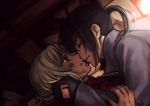  2girls 428 alphard black_gloves black_hair blonde_hair blood brown_eyes canaan canaan_(character) elena_ivlyushkina fingerless_gloves gloves imminent_kiss multiple_girls profile red_shirt shirt short_hair yuri 