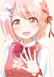  1girl blush braid hair_ornament hair_ribbon hairclip hanayori_jyoshiryou kano_(hanayori_jyoshiryou) kioripo_98 looking_at_viewer open_mouth pink_eyes pink_hair portrait red_ribbon ribbon ribbon_braid school_uniform short_hair side_braid signature solo virtual_youtuber waving 