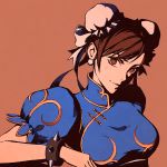  1girl bracelet brown_eyes brown_hair chinese_clothes chun-li close-up double_bun jewelry light_smile looking_at_viewer moshimoshibe solo spiked_bracelet spikes street_fighter 