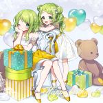  2girls :d ;) balloon bangs bare_shoulders blush bow box braid braided_bangs chair collarbone double_bun dress dual_persona flower gift gift_box green_eyes green_hair hair_bow hair_flower hair_ornament hand_up happy_birthday head_in_hand heart_balloon high_heels long_hair morinaka_kazaki multiple_girls nijisanji on_chair one_eye_closed open_mouth puffy_short_sleeves puffy_sleeves see-through shoes short_sleeves sitting smile standing strapless strapless_dress stuffed_animal stuffed_toy swept_bangs teddy_bear virtual_youtuber white_bow white_dress white_flower white_footwear yamabukiiro yellow_footwear 