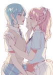  2girls chin_grab closed_eyes eyebrows_visible_through_hair green_hair hand_on_shoulder highres ihpi multiple_girls necktie open_mouth pink_hair skirt tongue tongue_out white_background yuri 