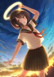  1girl arm_up bangs black_skirt blush bob_cut breasts brown_eyes brown_hair cityscape clouds cloudy_sky commentary cowboy_shot dusk dutch_angle fisheye halo highres holding holding_halo looking_at_viewer midriff navel neckerchief original outstretched_arm parted_lips pleated_skirt red_neckwear school_uniform see-through_silhouette serafuku shirt short_hair short_sleeves skirt sky small_breasts solo star_(sky) starry_sky tanbonota46 white_shirt 