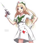  1girl adapted_costume blonde_hair blue_eyes commentary_request dress gloves green_neckwear gun hat highres hispol jervis_(kantai_collection) kantai_collection long_hair looking_at_viewer neckerchief nurse nurse_cap open_mouth red_cross sailor_collar sailor_dress short_sleeves simple_background solo syringe weapon white_background white_dress white_gloves white_headwear white_sailor_collar 