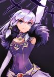  1girl arm_up armpits belt breasts choker colored_inner_hair covered_navel dark_background dress elbow_gloves fire_emblem fire_emblem:_three_houses fur_trim gloves hair_between_eyes hair_ornament highres jewelry light_purple_hair long_hair lysithea_von_ordelia magic multicolored_hair necklace paiiart serious shadow signature simple_background sleeveless sleeveless_dress small_breasts solo tight_dress two-tone_hair upper_body violet_eyes white_hair 
