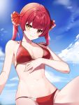  1girl bangs bikini breasts clouds day eyebrows_visible_through_hair hair_ribbon heterochromia highres hololive houshou_marine large_breasts long_hair looking_at_viewer navel parted_lips prawnlunchset red_bikini red_eyes red_ribbon redhead ribbon sky smile solo swimsuit twintails virtual_youtuber yellow_eyes 