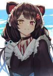  1girl :3 animal_ears belt brown_hair dog_ears flower hair_flower hair_ornament heterochromia highres inui_toko long_hair looking_at_viewer nijisanji nuezou raised_eyebrows red_eyes smile solo upper_body yellow_eyes 