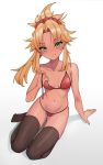  1girl absurdres bangs bare_shoulders bikini blush breasts closed_mouth collarbone fate/grand_order fate_(series) green_eyes hair_ornament hair_scrunchie highres kiritzuguart long_hair looking_at_viewer mordred_(fate)_(all) mordred_(swimsuit_rider)_(fate) navel parted_bangs ponytail red_bikini red_scrunchie scrunchie simple_background small_breasts smile swimsuit thigh-highs thighs white_background 