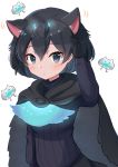  1girl animal_ears black_cape black_gloves black_hair black_sweater blue_eyes blue_neckwear blush cape cat_ears cat_girl commentary_request extra_ears eyebrows_visible_through_hair gloves greater_lophorina_(kemono_friends) highres kemono_friends kemonomimi_mode long_sleeves p_imo01 short_hair solo sweatdrop sweater upper_body 