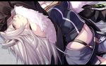  1girl ahoge animal_ears arm_up bare_shoulders belt breasts fenrir_(fenlil0316) fur-trimmed_jacket fur_trim grey_eyes grey_hair hair_between_eyes highres hololive jacket large_breasts letterboxed lion_ears lion_girl long_hair looking_at_viewer lying midriff on_back shirt shishiro_botan skirt solo virtual_youtuber 