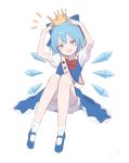  1girl adjusting_clothes adjusting_headwear ankle_socks artist_request blouse blue_dress blue_eyes blue_footwear blue_hair bow bowtie cirno commentary_request crown dress full_body hair_bow hands_up highres knees_up mary_janes open_mouth pinafore_dress puffy_short_sleeves puffy_sleeves red_bow shirt shoes short_hair short_sleeves signature simple_background sitting smug socks solo touhou white_background white_blouse white_legwear white_shirt wing_collar wings 