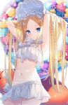  1girl abigail_williams_(fate/grand_order) abigail_williams_(swimsuit_foreigner)_(fate) arms_up bangs bare_arms bare_shoulders bikini blonde_hair blue_eyes bonnet bow commentary english_commentary fate/grand_order fate_(series) hair_bow hands_in_hair heart highres hitsukuya innertube long_hair looking_at_viewer navel parted_bangs parted_lips simple_background solo star_(symbol) strapless strapless_bikini striped striped_bow swimsuit twintails very_long_hair white_background white_bikini white_bow white_headwear 