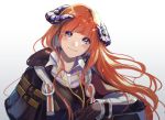  1girl 21stcentury arknights bagpipe_(arknights) bangs black_gloves blue_eyes blush commentary_request gloves gradient gradient_background grey_background head_tilt horns jacket long_hair long_sleeves looking_at_viewer orange_hair smile solo upper_body white_background 