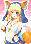  1girl :d animal_ear_fluff animal_ears bandeau bare_shoulders blonde_hair breasts bucchake_(asami) collarbone cross detached_sleeves fox_ears fox_girl fox_tail green_eyes highres jewelry long_hair long_sleeves looking_at_viewer midriff navel necklace ootomo_sourin_(sengoku_otome) open_mouth sengoku_otome small_breasts smile solo stomach suspenders tail upper_body veil 