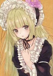  1girl bangs black_choker blonde_hair blunt_bangs blush brown_eyes choker eyebrows_visible_through_hair flower frills gosick highres long_hair parted_lips pink_flower solo suwakana upper_body victorica_de_blois 