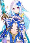  1girl armor blue_hair blue_shirt breasts center_opening cowboy_shot flower fuzichoco gauntlets gold_trim hair_flower hair_ornament highres holding holding_sword holding_weapon knight lize_helesta long_hair looking_at_viewer medium_breasts multicolored_hair navel nijisanji pelvic_curtain revealing_clothes rubber_duck sebastian_piyodore shirt shoulder_armor simple_background sketch smile solo spaulders stomach streaked_hair sword two-tone_hair violet_eyes virtual_youtuber weapon white_background white_bloomers white_hair 