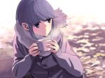  1girl blue_hair cardigan commentary cup dated holding holding_cup horikou mug scarf shima_rin solo steam violet_eyes yurucamp 