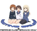  3girls :d ascot bangs black_legwear black_neckwear blonde_hair blue_jacket blue_sailor_collar brown_eyes brown_hair character_name closed_mouth crossover english_text eyebrows_visible_through_hair girls_und_panzer glasses green_shirt jacket kaneko_(novram58) long_sleeves looking_at_viewer military military_uniform miniskirt miyafuji_yoshika multiple_girls nishizumi_miho no_pants ooarai_military_uniform open_mouth perrine_h_clostermann pleated_skirt rimless_eyewear sailor_collar seiza shirt short_hair side-by-side sitting skirt smile strike_witches uniform white_background white_neckwear white_shirt white_skirt world_witches_series yellow_eyes 