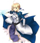  1girl ahoge armor armored_dress artoria_pendragon_(all) blonde_hair blue_ribbon breasts dutch_angle excalibur fate/grand_order fate/stay_night fate_(series) gauntlets green_eyes hair_ornament invisible_air juliet_sleeves katidoki long_sleeves looking_at_viewer puffy_sleeves ribbon saber smile solo white_background 