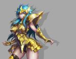  1girl absurdres aqua_hair aquarius_camus armor ass_visible_through_thighs bangs black_legwear black_panties blue_hair breastplate breasts commentary contrapposto forehead_protector gauntlets gem gold_armor gold_saint grey_background highres jay_b_lee large_breasts long_hair looking_at_viewer mole mole_under_eye panties saint_seiya shoulder_armor single_thighhigh skindentation solo thigh-highs underwear 