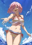  1girl :d ass_visible_through_thighs bare_shoulders bikini blue_sky blush breasts clouds collarbone day eyes_visible_through_hair fate/grand_order fate_(series) hair_over_one_eye highres komodai large_breasts looking_at_viewer mash_kyrielight midriff navel ocean open_mouth outstretched_hand rainbow_bikini see-through short_hair sky smile solo swimsuit swimsuit_of_perpetual_summer_ver.02 thigh_gap violet_eyes water 