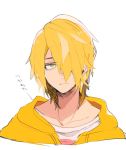  #compass 1boy bangs blonde_hair exhausted green_eyes hair_over_one_eye half-closed_eyes highres hood hoodie male_focus marcos&#039;55 medium_hair portrait sleepy solo tired white_background yellow_hoodie yusya11 