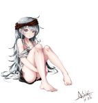  1girl asil bare_legs barefoot blue_hair blush brown_eyes collarbone eyebrows_visible_through_hair g11_(girls_frontline) girls_frontline grey_shirt hair_between_eyes highres legs long_hair looking_at_viewer open_mouth shirt shorts sitting sitting_on_floor solo thighs white_background 