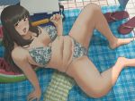  1girl :o arm_rest barefoot beach_towel bikini blush breasts brown_eyes cooler eyebrows_visible_through_hair floral_print food from_above fruit highres knee_up large_breasts long_hair looking_at_viewer mole mole_on_breast navel original plump popsicle ryokucha_michi sandals_removed sitting swimsuit thighs towel watermelon wet 