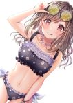  1girl :p bangs bikini black_bikini black_swimsuit blush bracelet breasts brown_hair collarbone eyebrows_visible_through_hair eyewear_on_head floral_print flower flower_necklace frills highres hiiragi_kei idolmaster idolmaster_shiny_colors jewelry long_hair medium_breasts navel necklace red_eyes side-tie_bikini simple_background sleeveless solo sunglasses swimsuit tongue tongue_out tsukioka_kogane white_background 