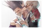  2boys black_neckwear bottle closed_eyes commentary danny_(konjiki_no_gash!!) glasses goldo_(konjiki_no_gash!!) grin konjiki_no_gash!! long_sleeves multiple_boys necktie otton short_sleeves silver_hair smile twitter_username 