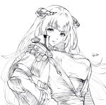  1girl arknights artist_name azto_dio bagpipe_(arknights) bangs breasts commentary eyebrows_visible_through_hair highres horns jacket large_breasts long_hair long_sleeves looking_at_viewer monochrome signature simple_background smile solo white_background 
