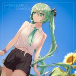  1girl 2020 absurdres bangs black_bow black_shorts blue_sky blurry blurry_background bow character_name closed_mouth collared_shirt cowboy_shot dated dutch_angle eyebrows_visible_through_hair floating_hair flower green_eyes green_hair green_neckwear hair_between_eyes hair_bow hatsune_miku highres huge_filesize long_hair looking_to_the_side necktie shiny shiny_hair shirt short_shorts shorts sky sleeveless sleeveless_shirt smile solo striped striped_bow sunflower tied_shirt twintails very_long_hair vocaloid walking white_shirt wing_collar xy_(pixiv8783776) yellow_flower 