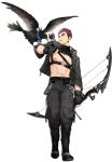 1boy abs absurdres alternate_costume arrow_(projectile) bara belt bird blue_eyes bow_(weapon) brown_hair chest chest_harness eagle eddie_(gyee) full_body gondom gyee harness highres male_focus muscle navel nipples pants pectorals shirtless short_hair solo weapon weapon_on_back white_background 