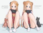  2girls abigail_williams_(fate/grand_order) abigail_williams_(swimsuit_foreigner)_(fate) bangs black_bow black_cat black_shorts blonde_hair blue_eyes blush bow braid braided_bun breasts buster_shirt cat double_bun dual_persona fate/grand_order fate_(series) forehead handheld_game_console holding holding_handheld_game_console knees_up kopaka_(karda_nui) long_hair looking_at_viewer multiple_bows multiple_girls nintendo nintendo_switch orange_bow parted_bangs playing_games red_shirt shirt shorts sitting socks stuffed_animal stuffed_toy teddy_bear very_long_hair 