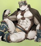  1boy abs animal_ears bara belt blush bulge chest feet_out_of_frame fundoshi furry gakuran grey_fur grey_hair headband highres horkeu_kamui_(tokyo_houkago_summoners) jacket jacket_on_shoulders japanese_clothes male_focus multicolored_hair muscle navel nipples pectorals revealing_clothes school_uniform shirtless short_hair silver_hair sitting solo tail thick_thighs thighs tokyo_houkago_summoners two-tone_fur wasp_(anthyutena) white_fur wolf_boy wolf_ears wolf_tail yellow_eyes 