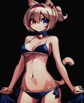  1girl allen_(makaroll) animal_ear_fluff animal_ears armpit_peek ass_visible_through_thighs bare_arms bare_legs bare_shoulders bell bell_choker bikini black_background blue_bikini blue_choker blue_eyes bracelet breasts breasts_apart brown_hair cat_ears cat_girl cat_tail choker closed_mouth collarbone colored_tips commentary cowboy_shot eyebrows_behind_hair groin hair_between_eyes hairband halterneck heterochromia high_ponytail holding holding_sheet jewelry jingle_bell medium_breasts midriff moca_(makaroll) multicolored_hair navel original ponytail red_hairband redhead ribs shiny shiny_hair short_hair short_ponytail sideboob simple_background skindentation smile solo strap_gap swimsuit tail tail_raised two-tone_hair under_boob yellow_eyes 