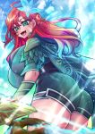  artist_name ass belt bow breasts cape defense_of_the_ancients dota_2 fangs flower gauntlets green_eyes hair_flower hair_ornament highres huge_breasts looking_at_viewer looking_back open_mouth osiimi redhead smile thigh-highs tongue weapon windranger_(dota) zettai_ryouiki 