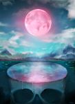  animal clouds cloudy_sky dripping fish fog highres maddoze moon mountain no_humans original outdoors pink_moon reflection scenery signature skull sky surreal tree water 