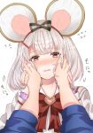  1boy 1girl animal_ears blush embarrassed granblue_fantasy hands_on_another&#039;s_cheeks hands_on_another&#039;s_face highres holding_hands mouse_ears osechi_45 red_eyes short_hair vikala_(granblue_fantasy) wavy_mouth white_hair 