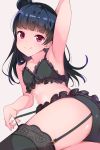  1girl arm_behind_head arm_up armpits ass bangs bare_arms black_bow black_bra black_legwear black_panties blunt_bangs bow bow_bra bra collarbone dark_blue_hair eyebrows_visible_through_hair flat_chest frills garter_straps highres hiroki_(yyqw7151) lace lace-trimmed_bra lace-trimmed_legwear lace_trim light_blush long_hair looking_at_viewer love_live! love_live!_sunshine!! lying on_side panties red_eyes side_bun simple_background sleeveless smile solo strap_pull thigh-highs thighs tsushima_yoshiko underwear underwear_only white_background 