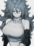  1girl alternate_costume android_21 blue_eyes breasts closed_mouth detached_sleeves dragon_ball dragon_ball_fighterz glasses grey_background greyscale hair_between_eyes kemachiku large_breasts long_hair looking_at_viewer monochrome simple_background solo 