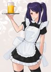  1girl alcohol alternate_costume apron bangs beer beer_mug black_dress black_legwear blush bow breasts commentary contrapposto cowboy_shot cup dress english_commentary enmaided fiesta_(fiesta303) highres jill_stingray long_hair looking_at_viewer maid maid_apron mug pose puffy_short_sleeves puffy_sleeves purple_hair red_eyes short_dress short_sleeves small_breasts solo standing swept_bangs thigh-highs tray twintails va-11_hall-a white_bow zettai_ryouiki 