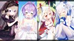  4girls :d animal_ears anniversary ayanami_(azur_lane) ayanami_(demon&#039;s_dress)_(azur_lane) azur_lane bangs bare_shoulders black_bow black_dress black_flower black_rose blue_flower blush bouquet bow breasts closed_eyes closed_mouth collarbone commentary_request copyright_name dress elbow_gloves eyebrows_visible_through_hair feet_out_of_frame fingerless_gloves flower gloves green_eyes hair_between_eyes hair_flower hair_ornament hand_up headgear highres holding holding_bouquet hood hood_up javelin_(azur_lane) javelin_(blissful_june_bride)_(azur_lane) jewelry kokone_(coconeeeco) laffey_(azur_lane) laffey_(white_rabbit&#039;s_oath)_(azur_lane) light_brown_hair long_hair medium_breasts midriff multiple_girls navel open_mouth pantyhose purple_hair rabbit_ears red_eyes ring rose see-through shoes silver_hair sleeveless sleeveless_dress small_breasts smile strapless strapless_dress thighband_pantyhose twintails veil very_long_hair wedding_band wedding_dress white_dress white_footwear white_gloves white_legwear yellow_flower z23_(azur_lane) z23_(schwarze_hochzeit)_(azur_lane) 