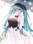  1girl absurdres alternate_breast_size blue_eyes blue_hair breasts dress elbow_gloves gloves hand_on_own_chest hatsune_miku highres holding holding_clothes holding_dress long_hair medium_breasts miku_symphony_(vocaloid) riri_(7smnzdu) solo twintails vocaloid white_gloves 