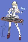  1girl aircraft aqua_eyes asymmetrical_legwear bangs blonde_hair blue_background blunt_bangs capelet chess_piece flight_deck hair_ornament hand_on_hip high_heels kneehighs long_hair mismatched_legwear original rigging shimada_fumikane simple_background single_kneehigh single_thighhigh smile solo thigh-highs union_jack white_legwear 