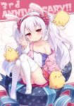  1girl animal animal_ears anniversary azur_lane baku-p bangs bird blush box camisole chick collarbone commentary_request eyebrows_visible_through_hair fake_animal_ears gift gift_box hair_between_eyes hairband hand_up highres jacket knees_up laffey_(azur_lane) long_hair long_sleeves looking_at_viewer manjuu_(azur_lane) no_shoes off_shoulder open_clothes open_jacket panties parted_lips pink_jacket pleated_skirt rabbit_ears red_eyes red_hairband red_skirt silver_hair sitting skirt solo strap_slip striped striped_panties thigh-highs twintails underwear very_long_hair w white_camisole white_legwear 