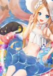  1girl abigail_williams_(fate/grand_order) abigail_williams_(swimsuit_foreigner)_(fate) alternate_costume ball bangs bare_shoulders beachball bikini black_cat blonde_hair blue_eyes bonnet bow breasts cat eyebrows_visible_through_hair fate/grand_order fate_(series) forehead hair_bow highres in_water innertube long_hair looking_at_viewer navel open_mouth parted_bangs sidelocks small_breasts smile solo sora_(men0105) swimsuit tongue twintails upper_teeth v very_long_hair white_bikini white_bow white_headwear 